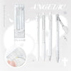 A set of four Angelic gel pens with silver and white bodies and gold accents are displayed against a light background.