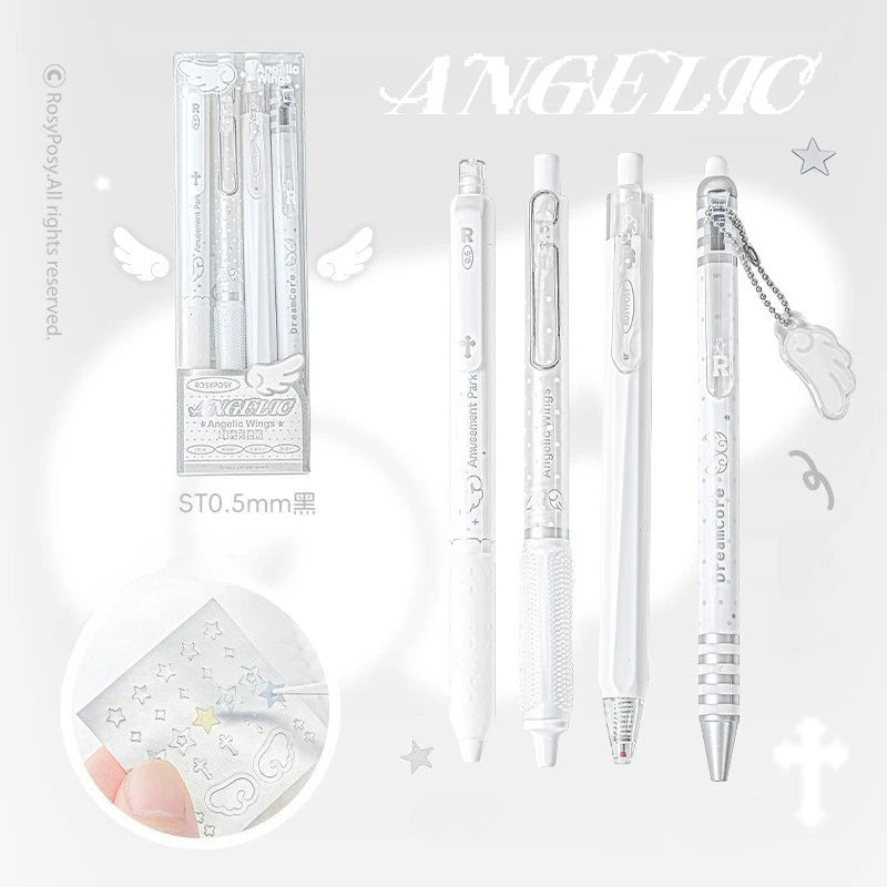 A set of four Angelic gel pens with silver and white bodies and gold accents are displayed against a light background.