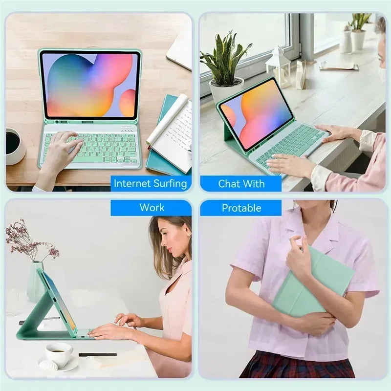 Eine Sammlung von Bildern einer farbenfrohen magnetischen Leder-Tastaturhülle für Apple iPads beim Surfen im Internet