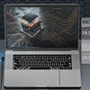 A laptop is shown with a power adapter listing various voltage and amperage options for compatibility.