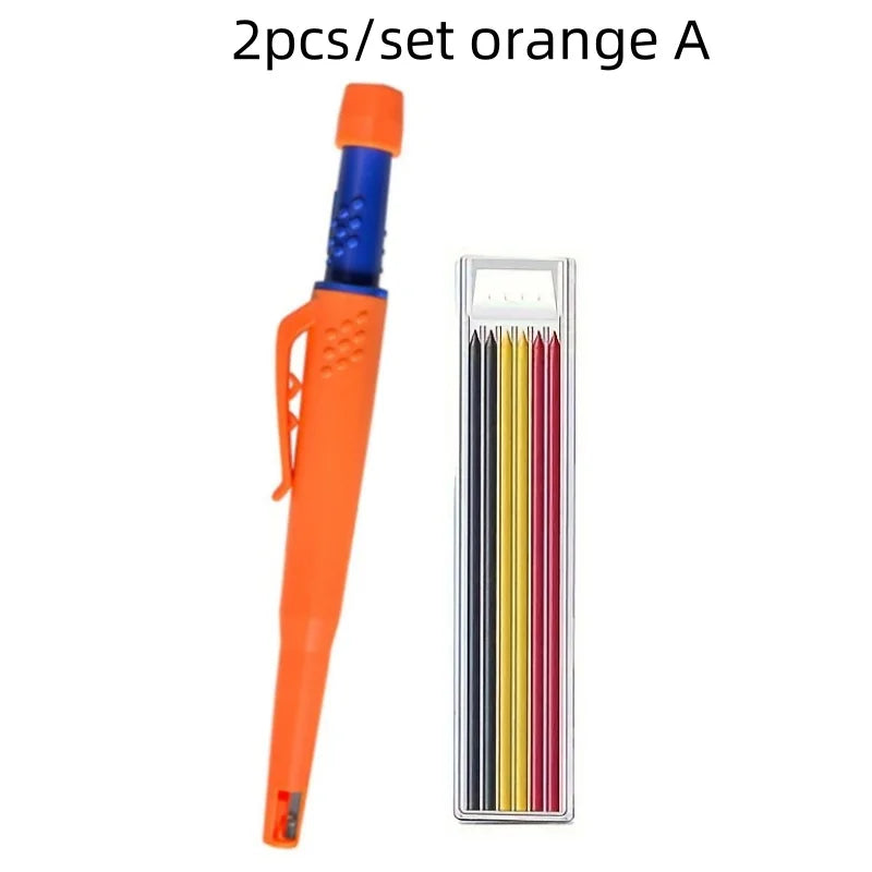 A set of two orange mechanical carpenter pencils with built-in sharpeners.