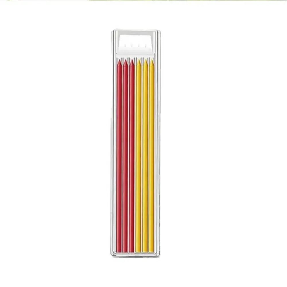 A vertical display of multiple colored mechanical pencils with sharpened tips inside a clear plastic case.
