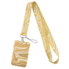A yellow and beige marbled patterned key lanyard with a clear plastic tag.
