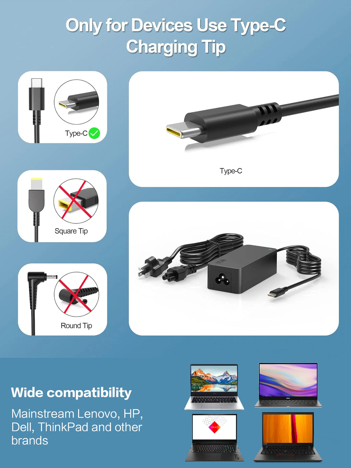 A Type-C charging tip adapter for various devices, showing compatibility with Lenovo, HP, Dell, and ThinkPad laptops.
