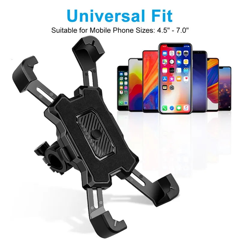 Black universal phone mount with shockproof grip showing compatibility for various mobile phone sizes.