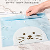 A light blue transparent document pouch featuring a cute cat face design, being held by a hand on a marble surface.