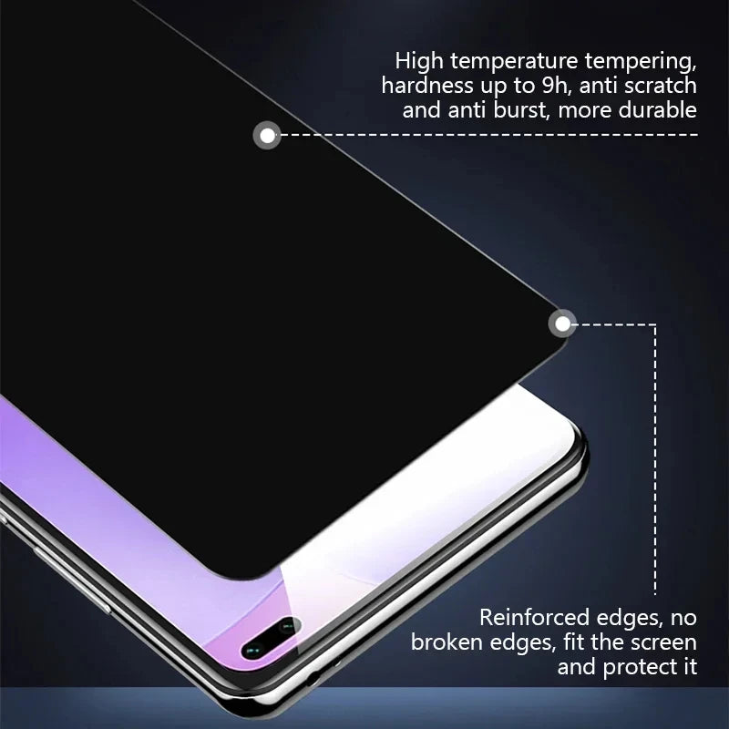 A close-up view of a phone screen protected by a privacy tempered glass screen protector, highlighting its durability and rei