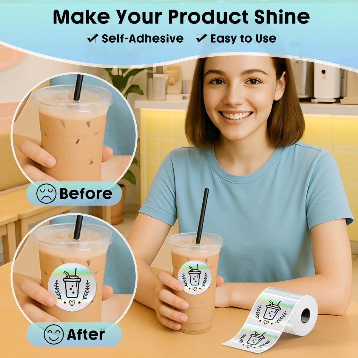 A smiling woman shows before and after results of using self-adhesive round thermal sticker labels on a drink.