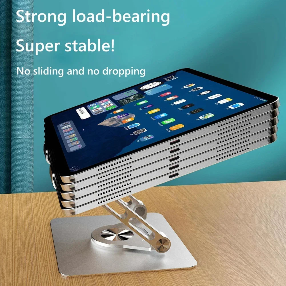 A silver stand holding a foldable tablet and phone, demonstrating strong load-bearing stability.