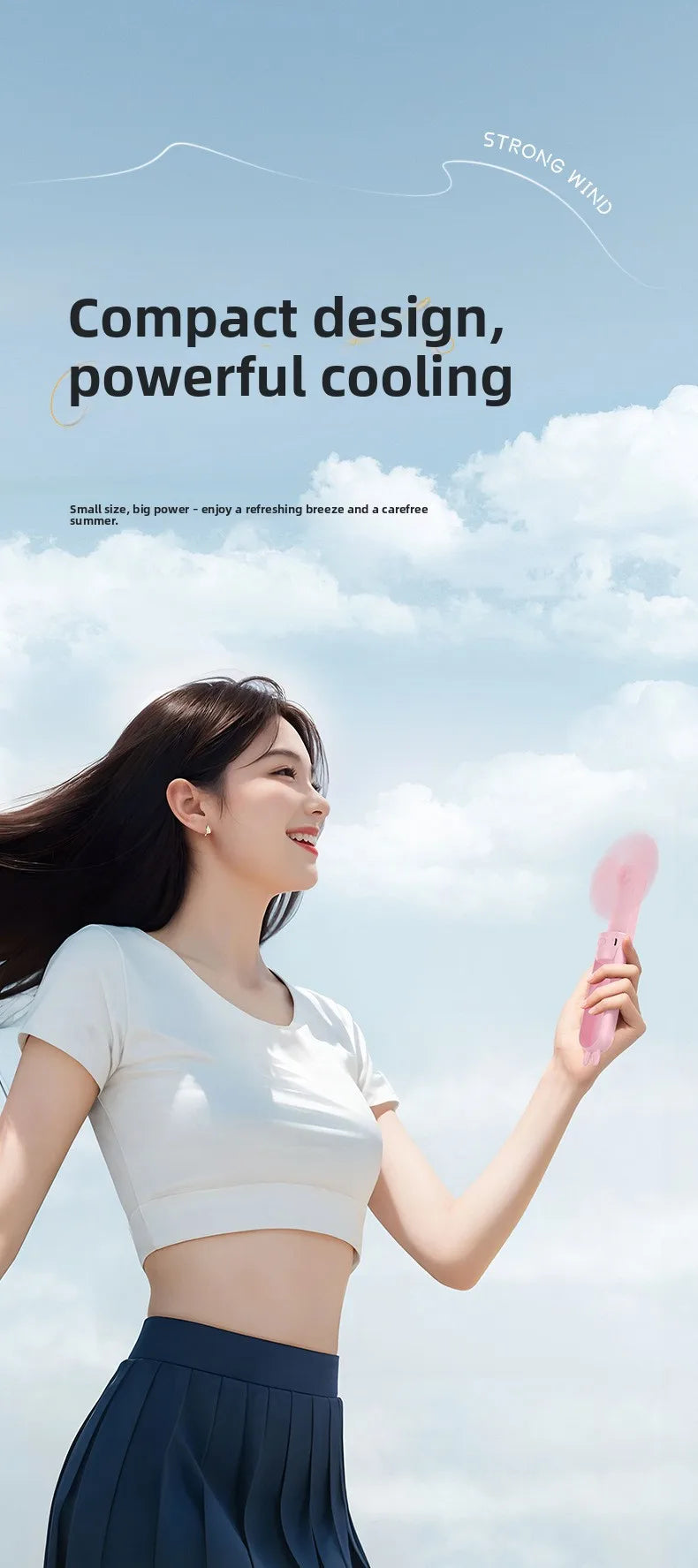 A woman is holding a pink portable foldable rabbit mini fan against a bright sky.