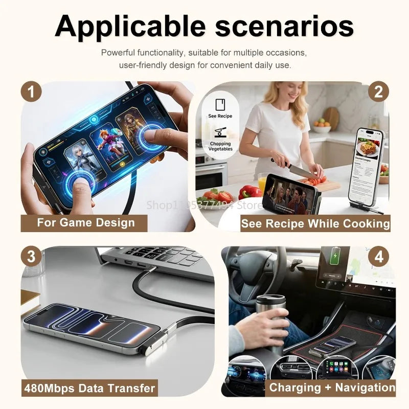 A foldable USB-C to USB-C charging adapter and phone stand shown in various usage scenarios.