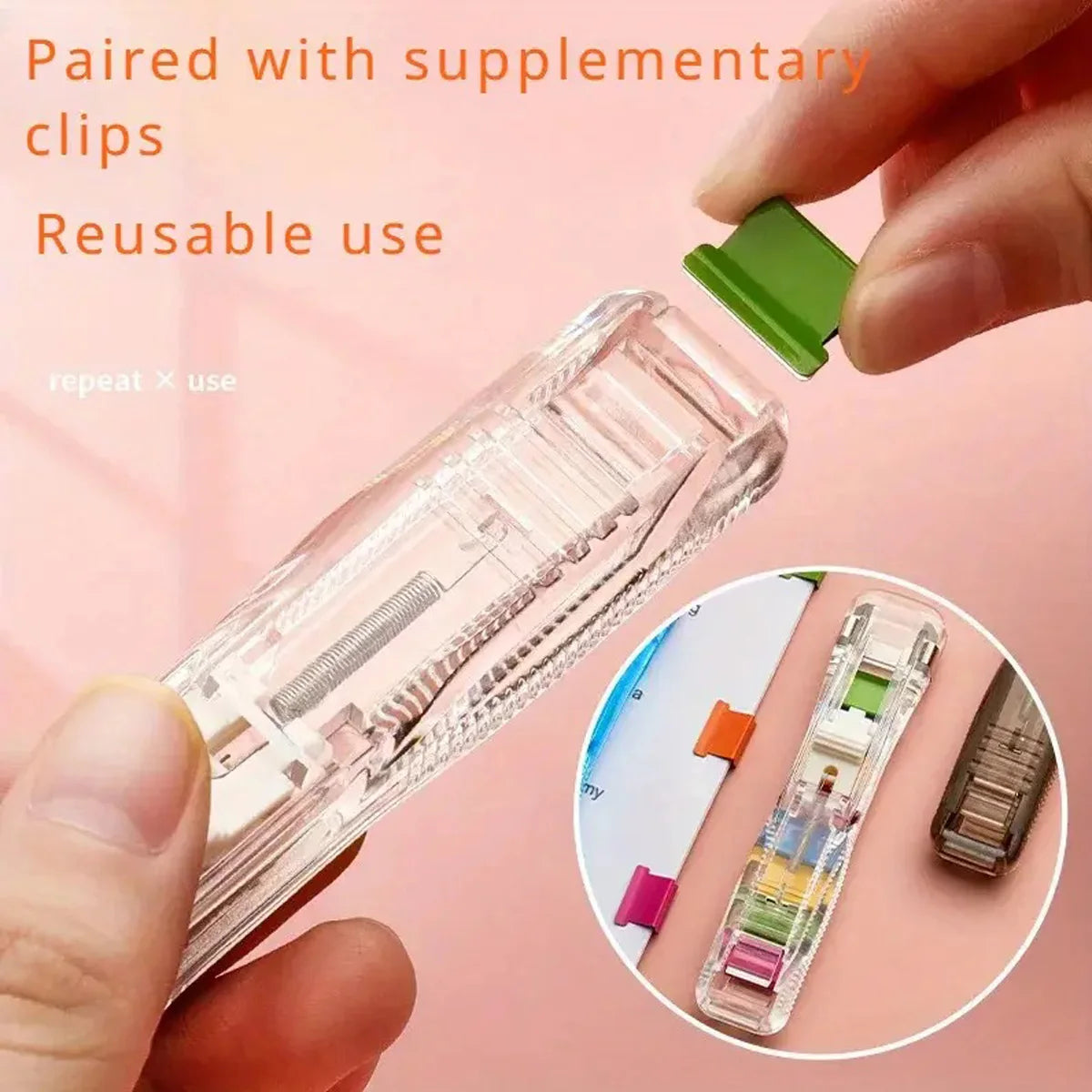 A hand is shown using a clear plastic clip pusher stapler with a green clip for reusable use.