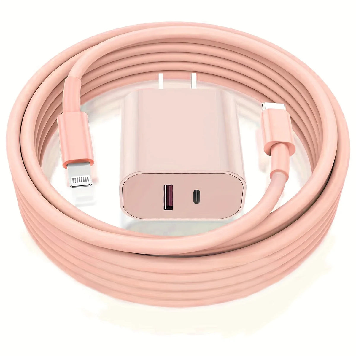 A pink 40W dual port USB-C fast charger with a 6ft Lightning cable coiled around itself.