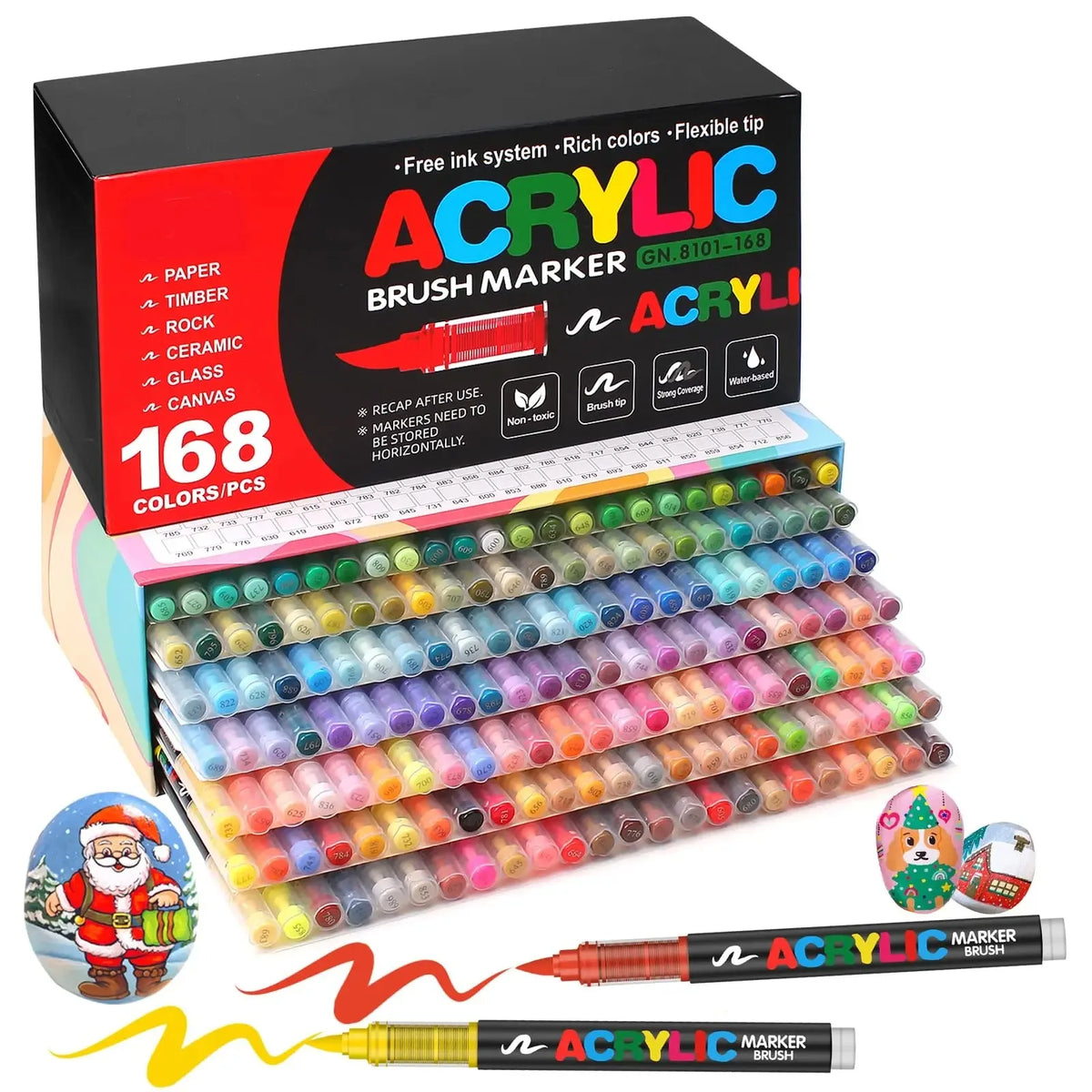 Box of 168 acrylic brush markers in various colors and a set of marker brushes