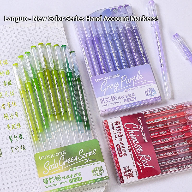A collection of Languo new color series hand account markers including Grey Purple and Soda Green Series pens.