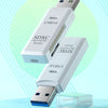 A white USB 3.0 card reader is shown next to an SDXC and microSDXC card, demonstrating high-speed data transmission.
