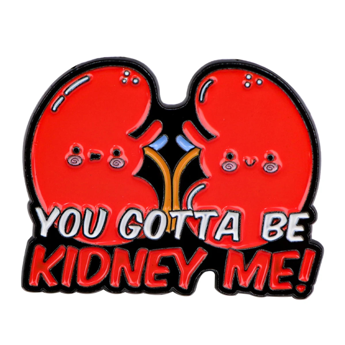 Red kidney shaped enamel pin featuring a cute face design.