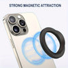 A close-up of a smartphone showing magnetic attraction effects on the back, with a black silicone ring grip nearby.