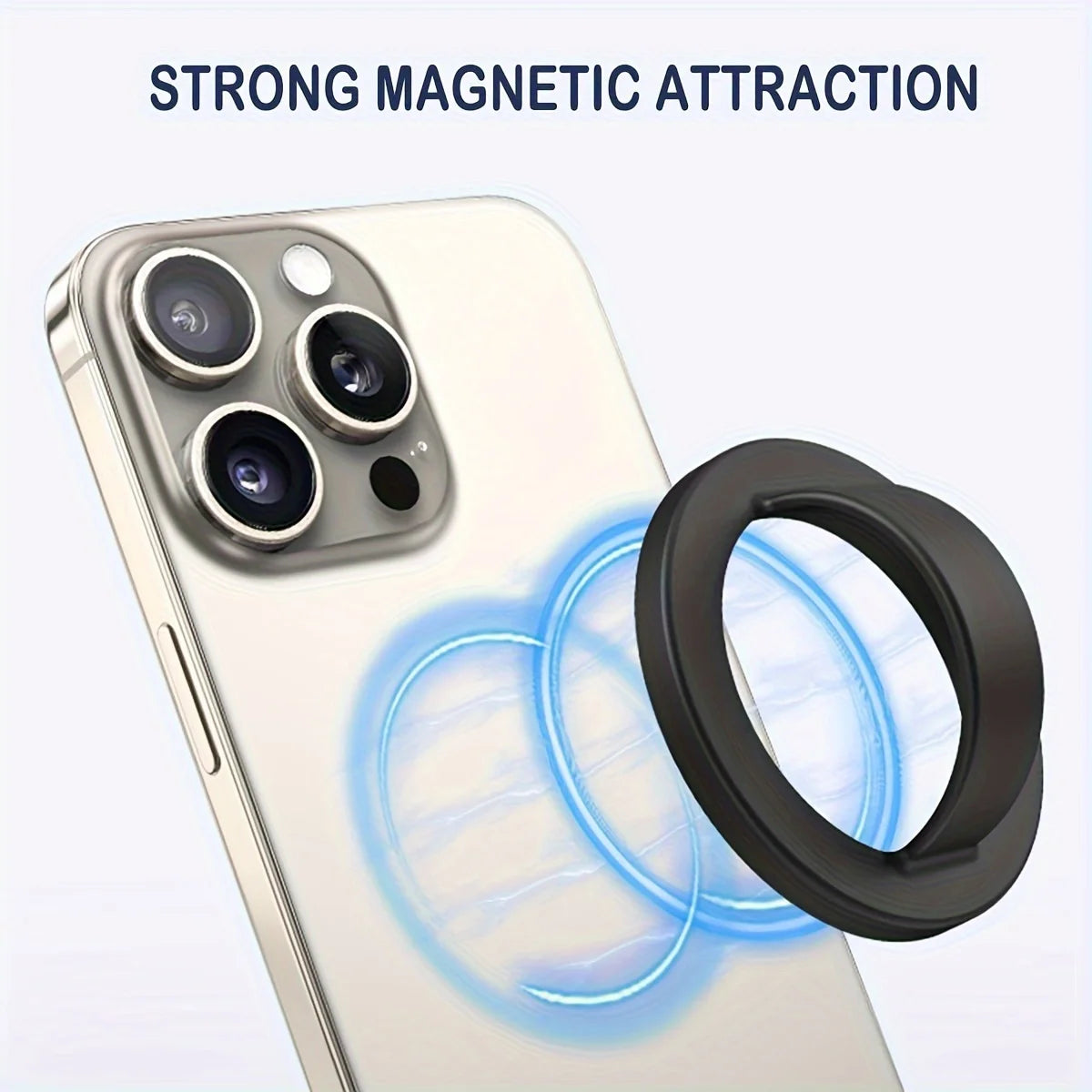 A close-up of a smartphone showing magnetic attraction effects on the back, with a black silicone ring grip nearby.