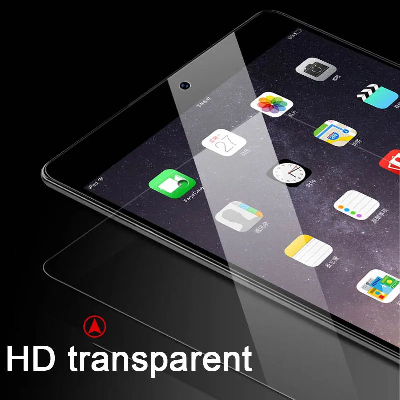 HD transparent screen protector applied to an iPad display showing various apps and icons.