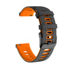 A silicone watch band with orange accents is shown in a curved shape against a white background.