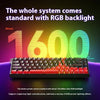 A close-up view of a black mechanical keyboard with red and white keycaps and vibrant RGB backlight.