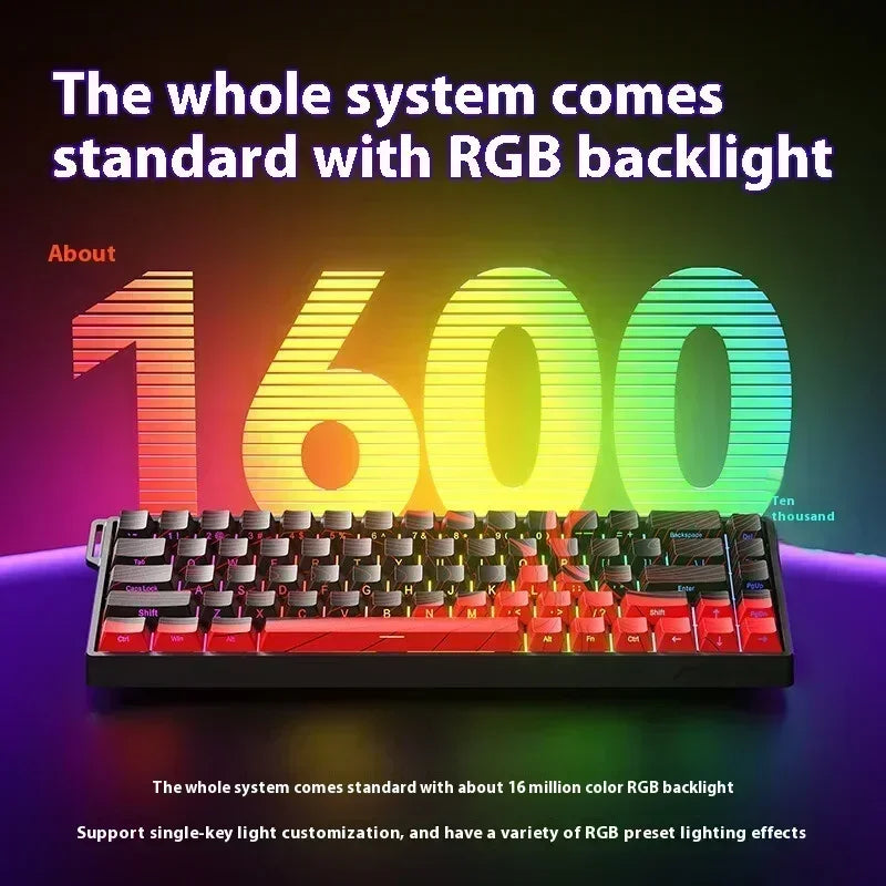 A close-up view of a black mechanical keyboard with red and white keycaps and vibrant RGB backlight.