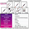 Diagram showing various sizes of GD370 product in syringes, including 1g to 150g, along with product parameters.