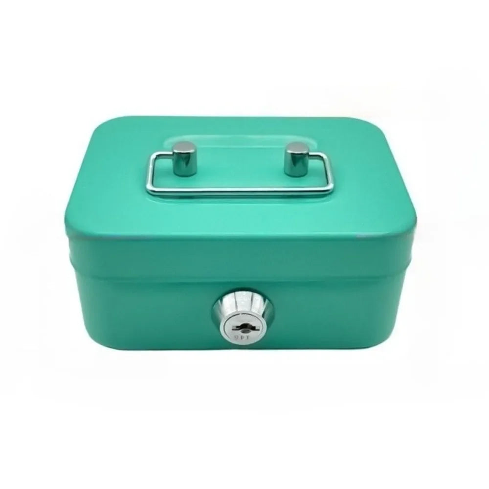 A teal metal key lock cash box with a silver latch and a round locking mechanism.