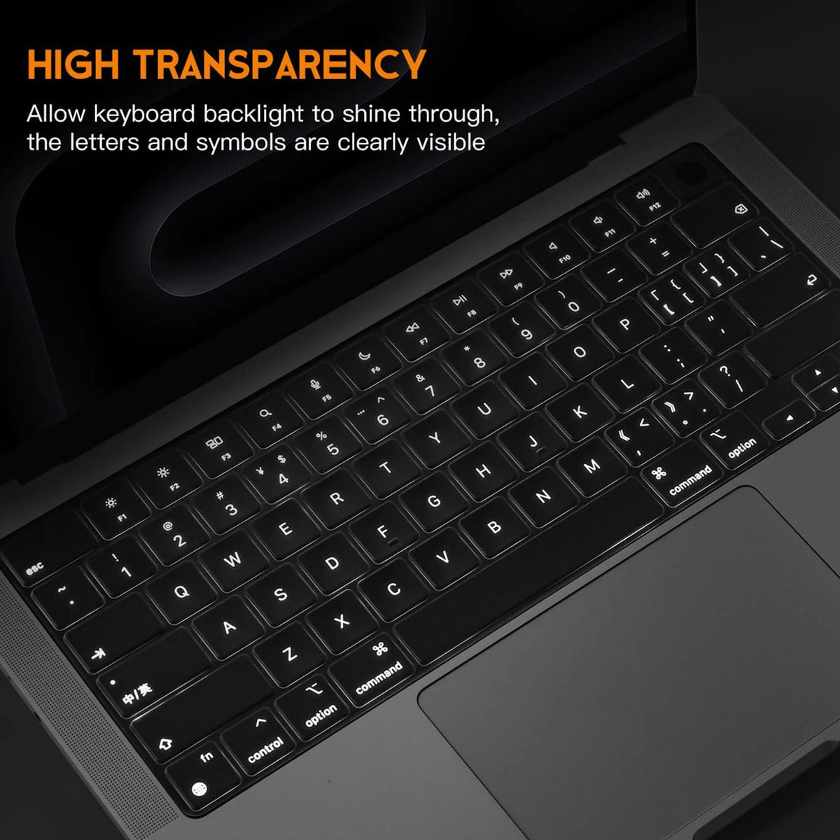 Nahaufnahme einer Laptop-Tastatur mit durchsichtigem Hintergrundbeleuchtungseffekt, die klare Buchstaben und Symbole zeigt.