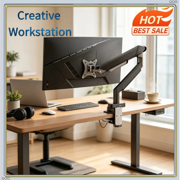 A black adjustable monitor arm is mounted on a wooden desk, positioned above a laptop.