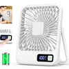 A white portable USB rechargeable desk fan with a grille and digital display is shown on a white background.