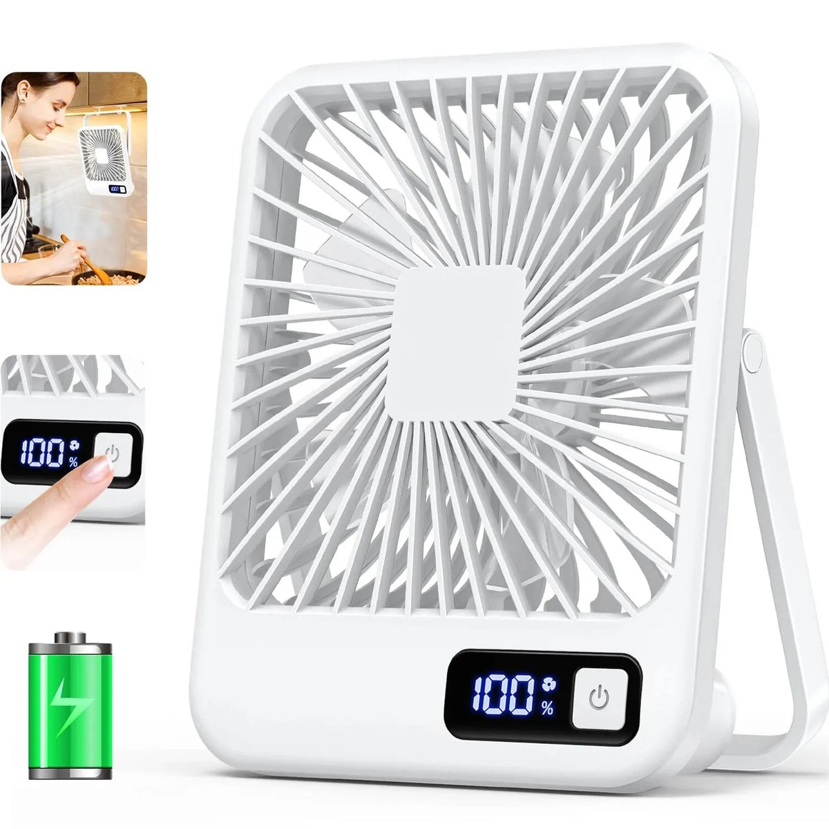 A white portable USB rechargeable desk fan with a grille and digital display is shown on a white background.