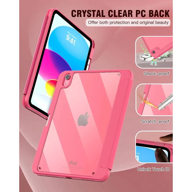 A pink crystal clear PC back case for an iPad, showing protection and original beauty features.