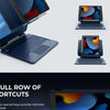A blue magnetic keyboard case for an iPad showing various angles and components.
