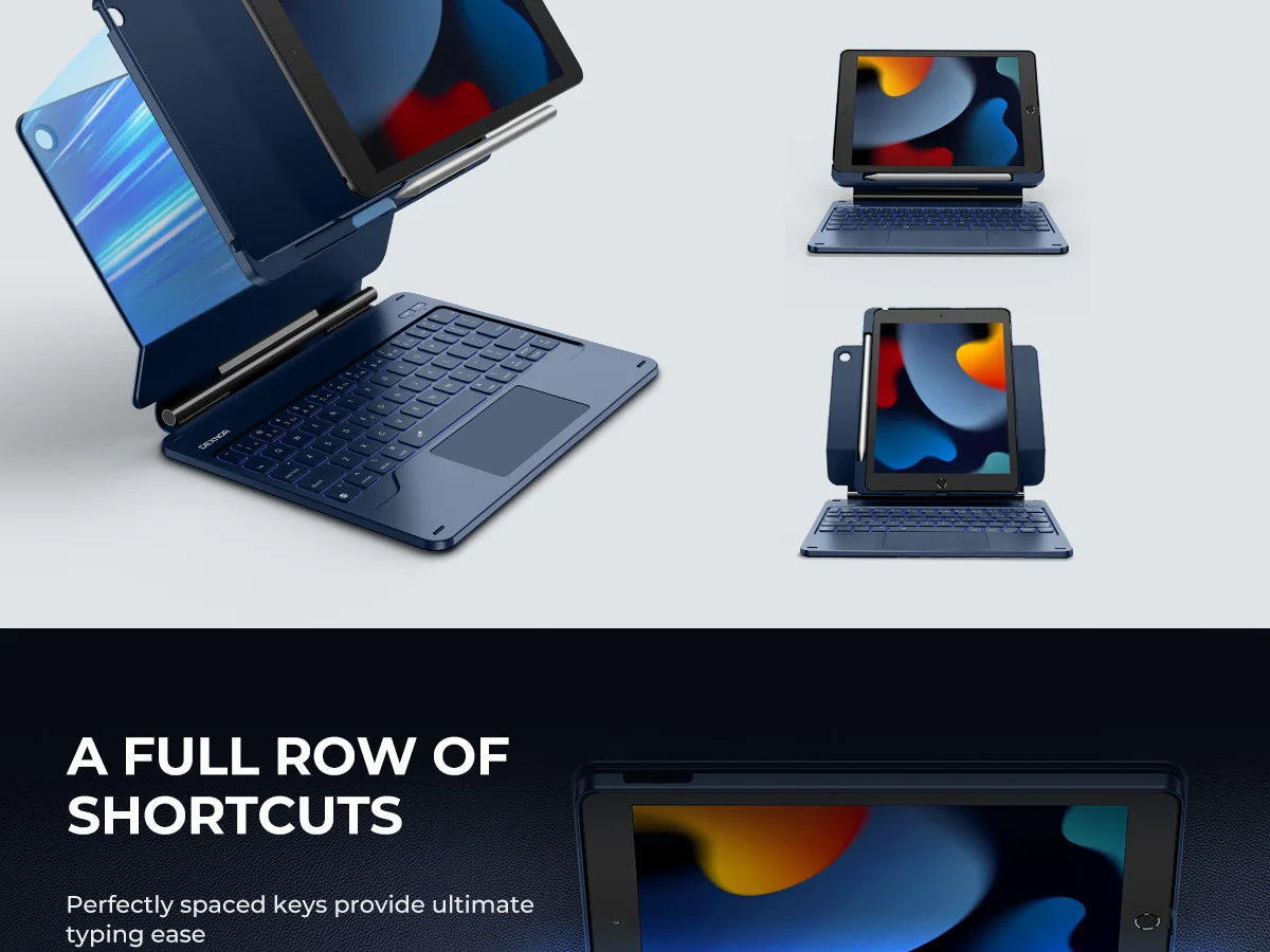 A blue magnetic keyboard case for an iPad showing various angles and components.