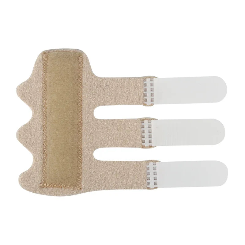 A beige adjustable finger splint designed for pain relief and support.