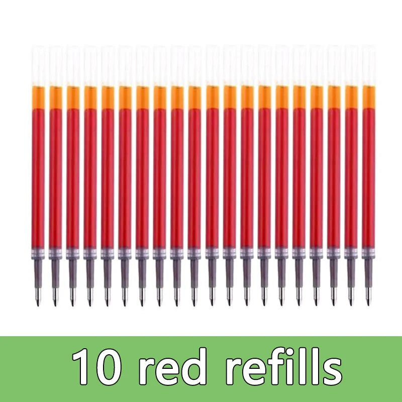 Un juego de diez recargas de bolígrafos de gel rojos dispuestas en fila.