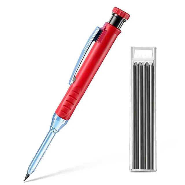 A red and blue 2-piece carpenter mechanical pencil set with a sharpener and lead visible.