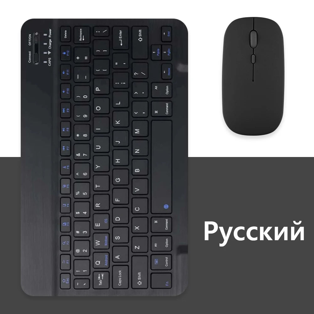 Combo clavier et souris Bluetooth universel noir avec disposition russe, à côté de la souris seule.