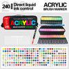 A set of 240 acrylic brush markers in various colors and tips, including a storage case and individual markers.