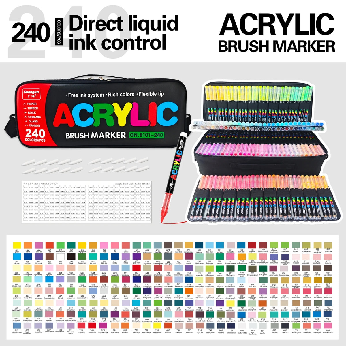 A set of 240 acrylic brush markers in various colors and tips, including a storage case and individual markers.