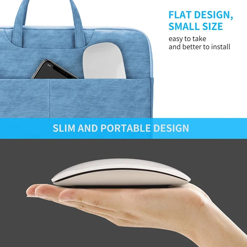 A white ultra-thin wireless Bluetooth mouse is shown resting on the palm of a hand.