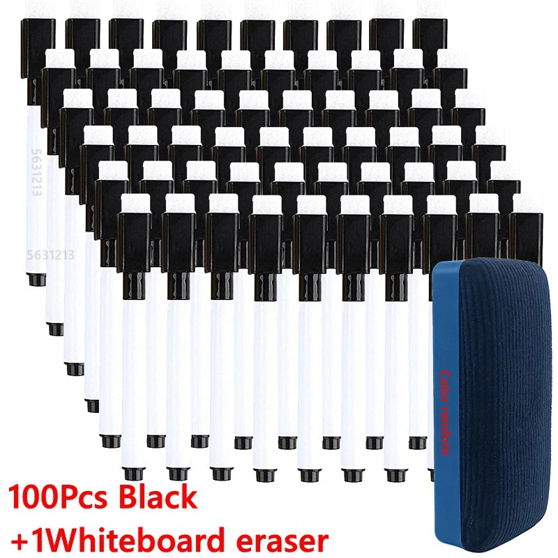 A set of 100 black dry erase markers with a whiteboard eraser shown in a grid arrangement.