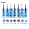A collection of Dr. pen microneedling cartridges in various pin counts including 12pin, 18pin, 24pin, 36pin, 42pin, SW Nano, 