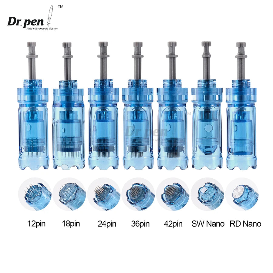 A collection of Dr. pen microneedling cartridges in various pin counts including 12pin, 18pin, 24pin, 36pin, 42pin, SW Nano, 