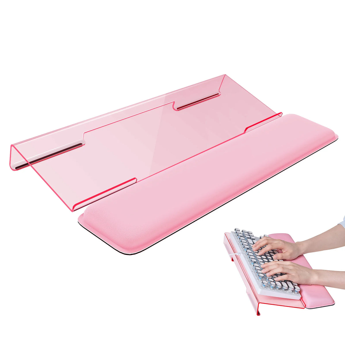 A pink acrylic keyboard wrist rest stand is shown with a hand placing a mechanical keyboard onto it.