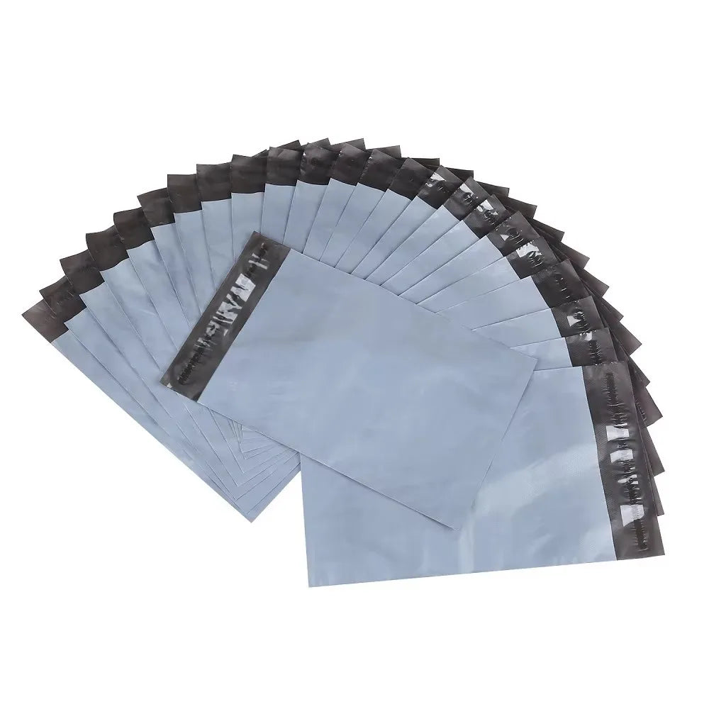 A fan of durable sealing dustproof mailing bags in various shades of gray and blue.