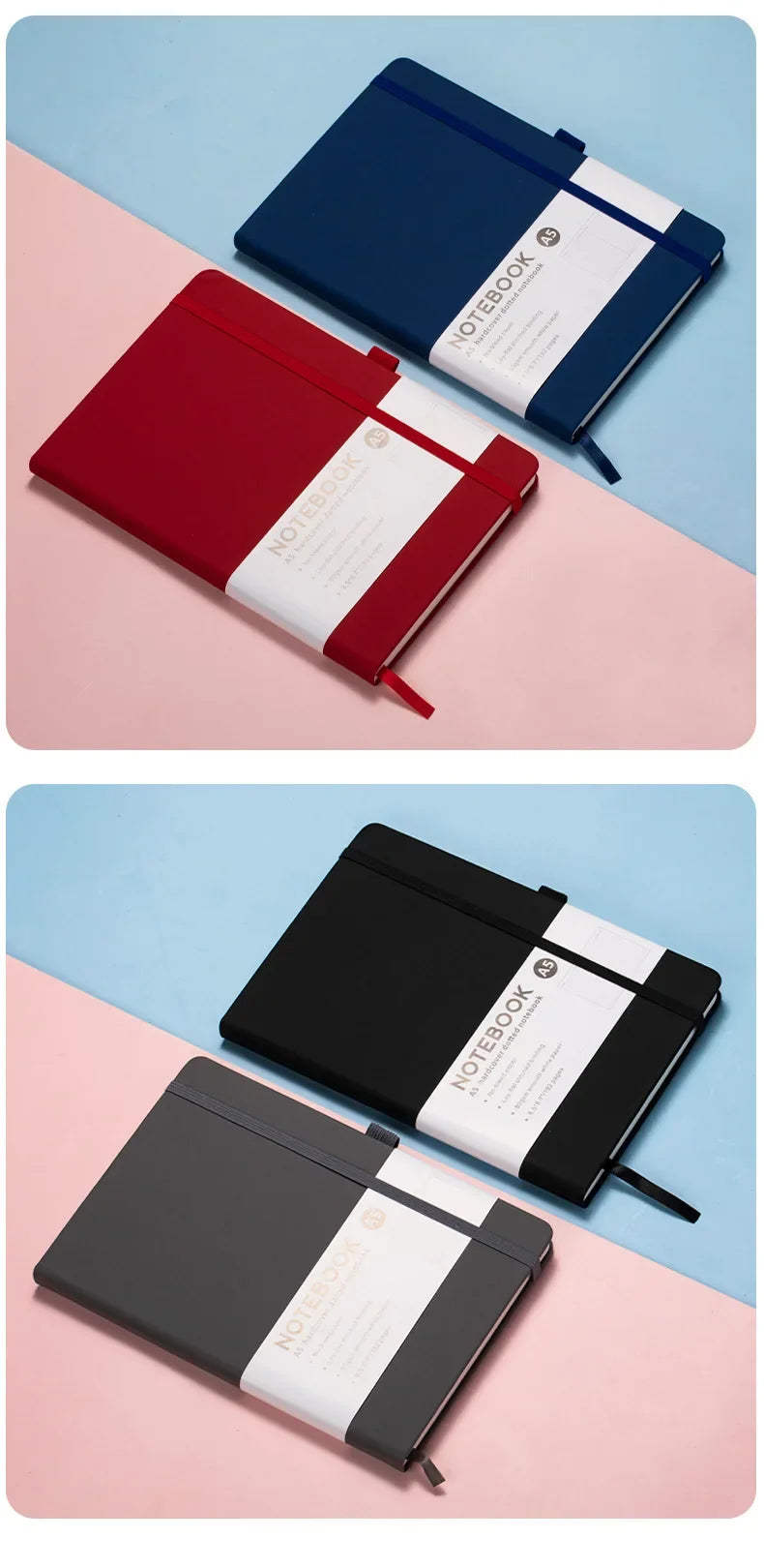 A stack of premium PU leather journal notebooks in red and black colors displayed on a light pink surface.