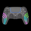 A gray PlayStation 5 controller with blue and pink RGB lighting accents.